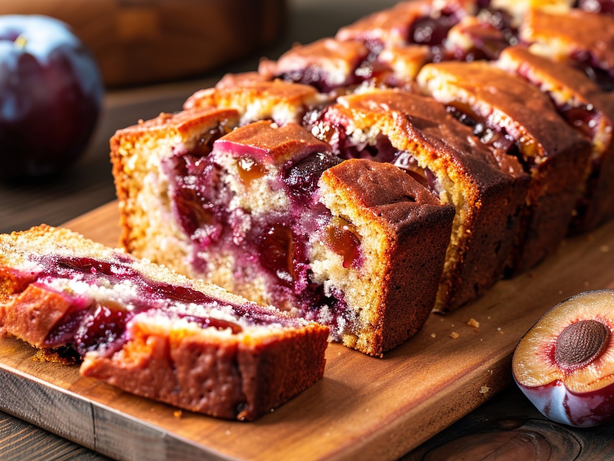 Pflaumenkuchen aus der Kastenform auf einem Holzbrett