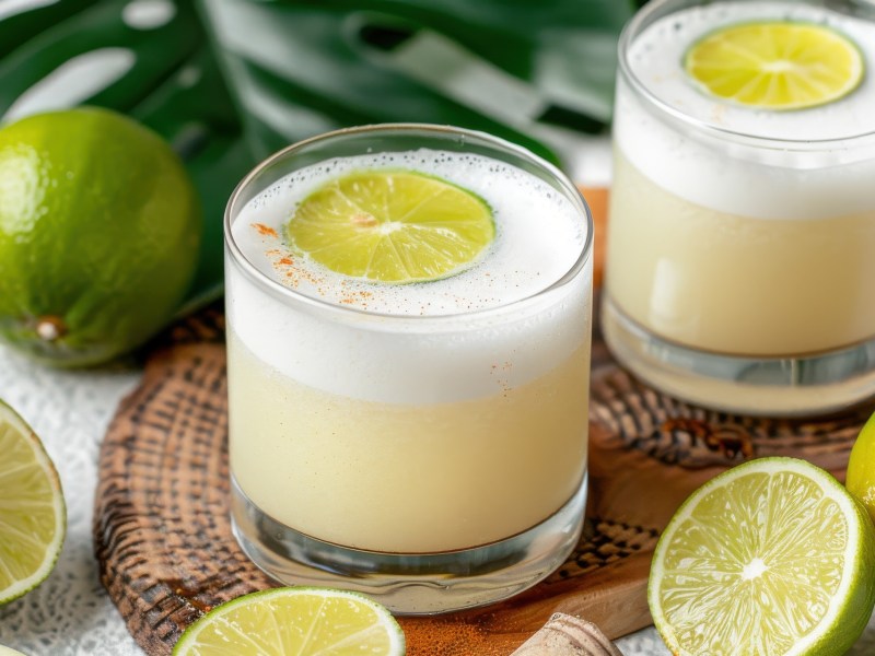 zwei Gläser Pisco Sour mit Limetten