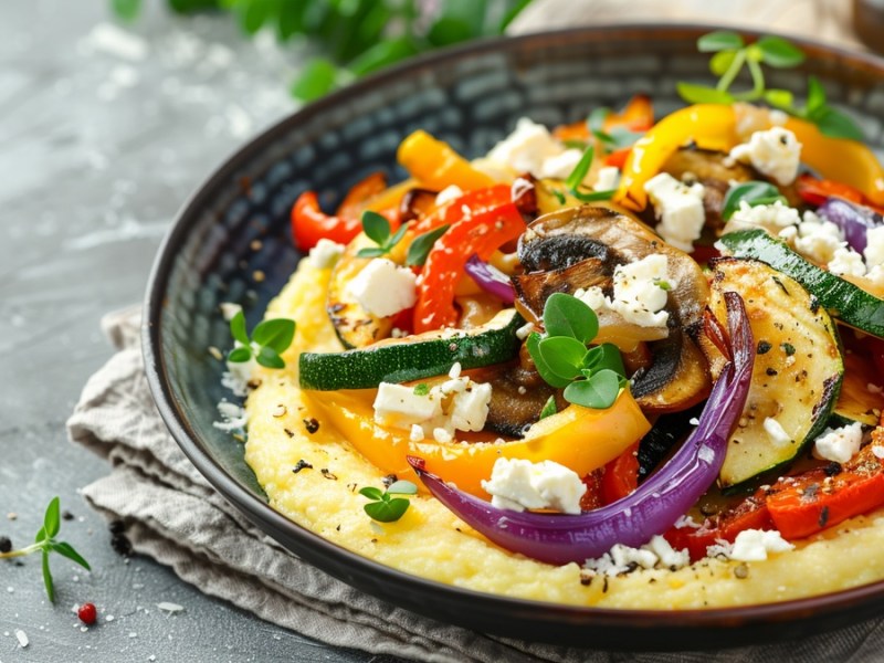 Polenta mit Röstgemüse und Feta in schwarzem Teller.