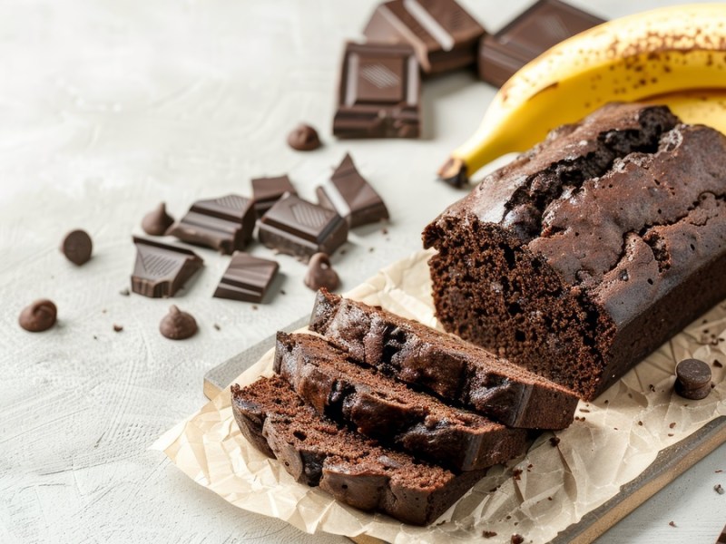 Schoko-Bananen-Kuchen auf hellem Untergrund mit einer Banane und Schokostückchen.