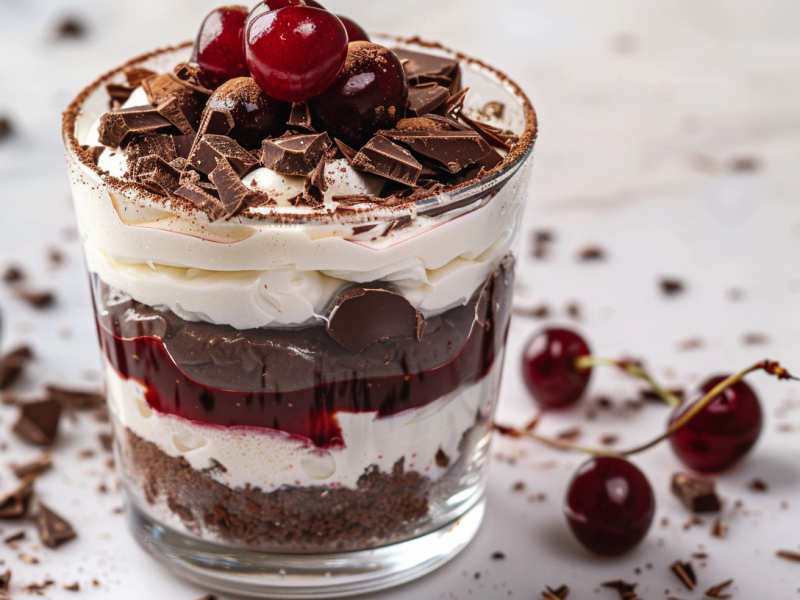 Schwarzwälder Kirschtorte im Glas garniert mit Cocktailskirschen und gehackter Schokolade, drumherum frische Kirschen. Nahaufnahme.