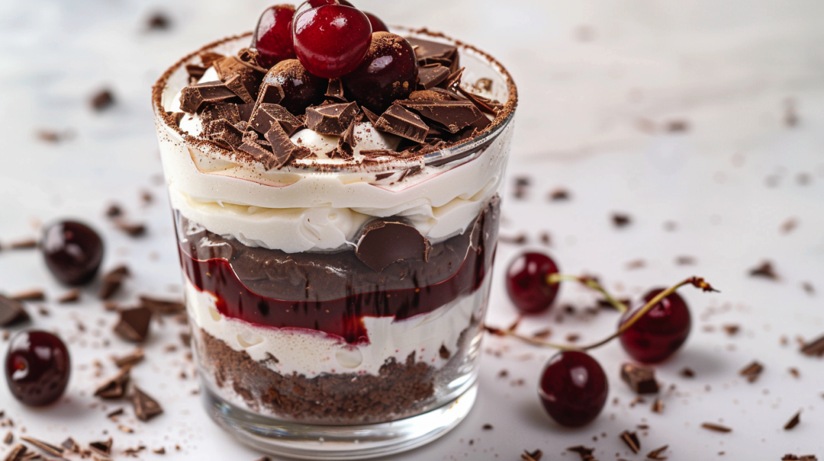 SchwarzwÃ¤lder Kirschtorte im Glas garniert mit Cocktailskirschen und gehackter Schokolade, drumherum frische Kirschen. Nahaufnahme.