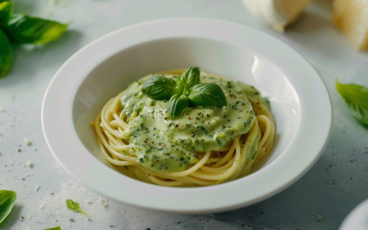 Ein Teller Spaghetti mit Zucchini-Soße.