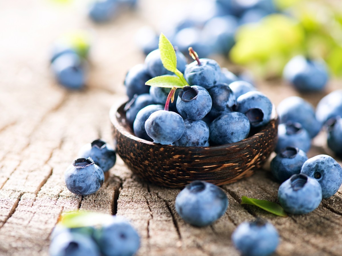 Unterschied zwischen Blaubeeren und Heidelbeeren: eine kleine Schale mit Blaubeeren auf einem TIsch. Daneben sind mehr Blaubeeren.