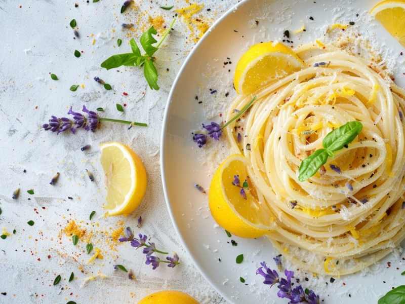 Zironen-Lavendel-Tagliatelle auf hellem Teller und hellem Tisch.