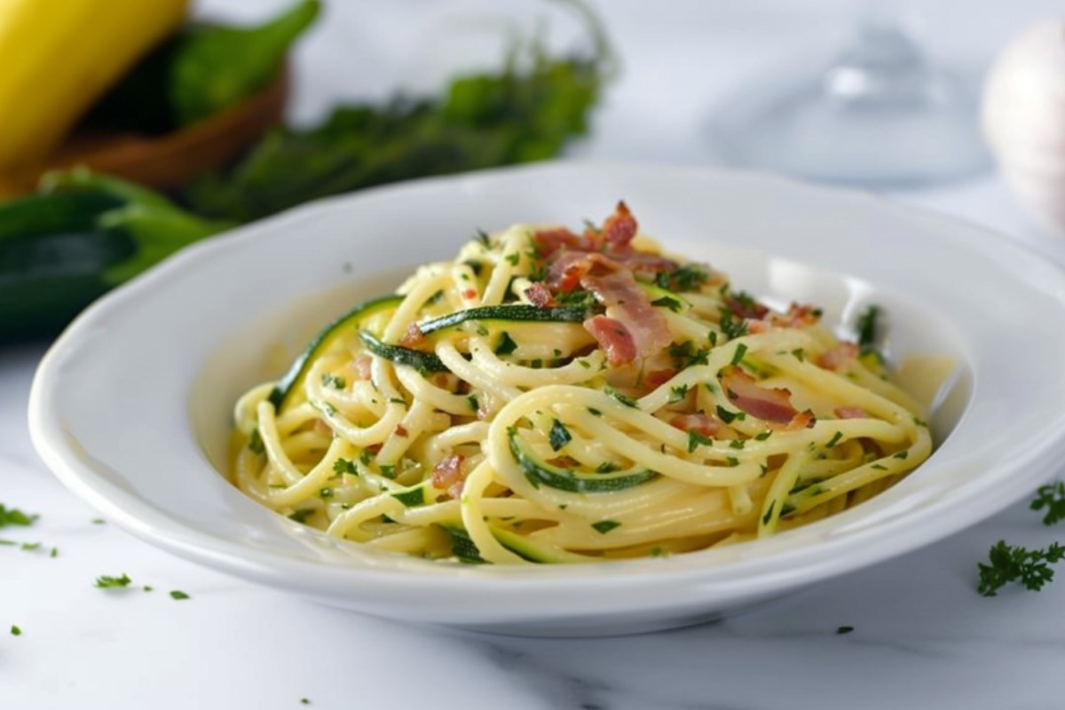 Ein Teller Zucchini-Carbonara.