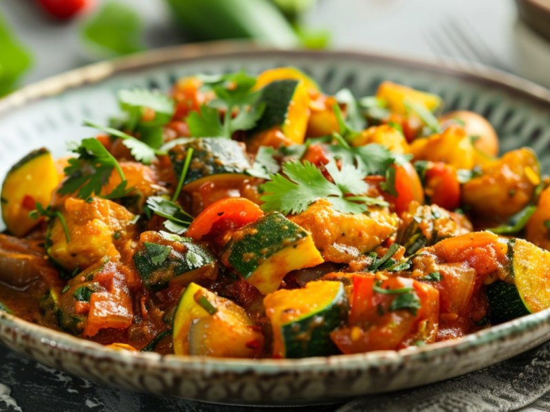 Zucchini-Curry mit Tomaten und Koriander auf Teller.