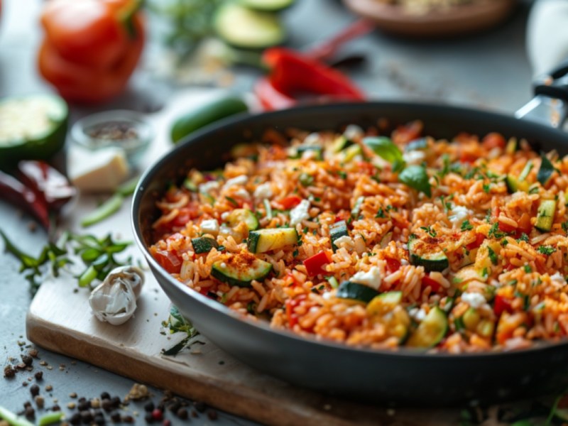 Eine Zucchini-Pfanne mit Reis. Im Hintergrund sind frische Zutaten zu sehen.