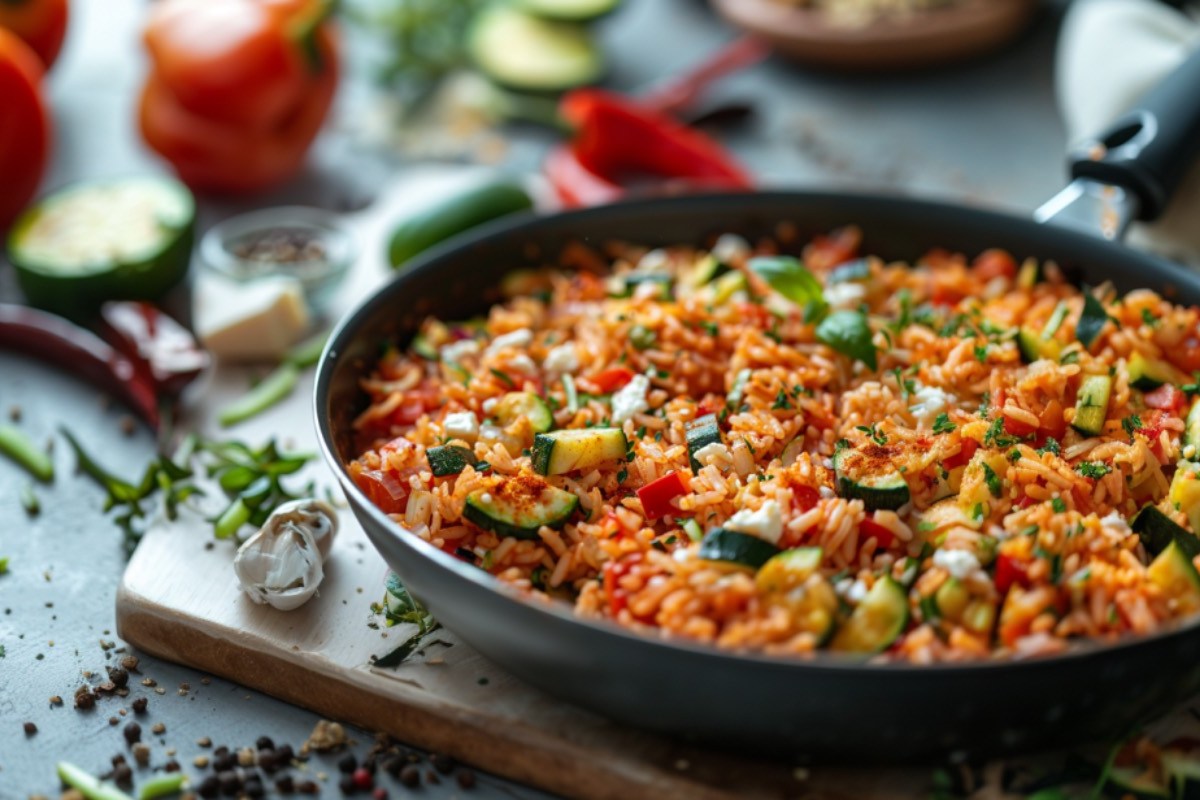 Eine Zucchini-Pfanne mit Reis. Im Hintergrund sind frische Zutaten zu sehen.