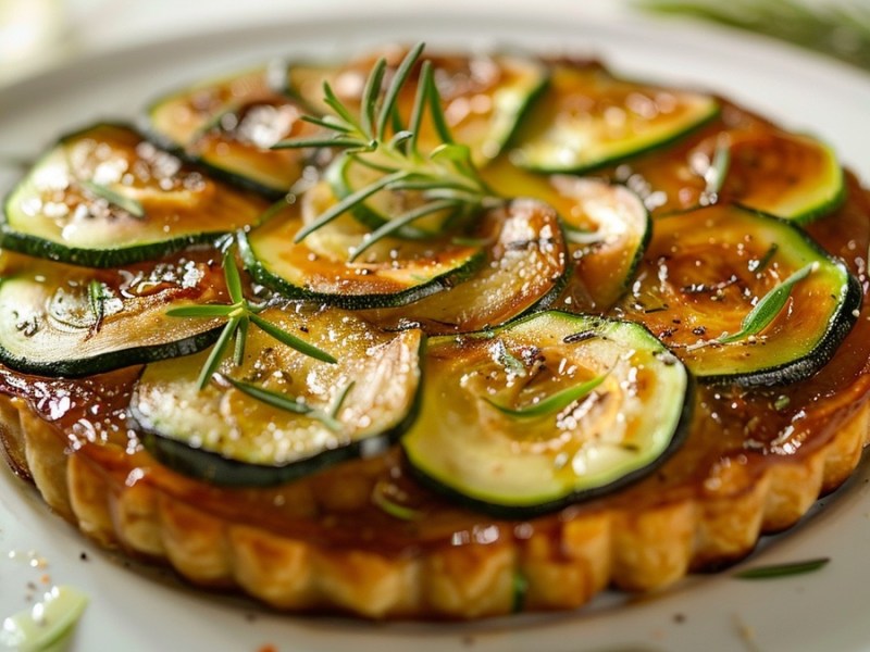 Zucchini-Tarte-Tatin auf einem weißen Teller und Rosmarin.