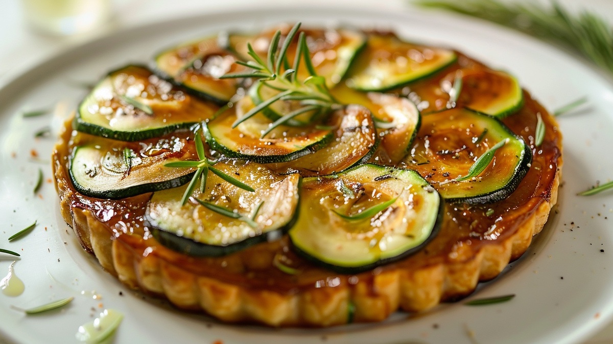 Zucchini-Tarte-Tatin auf einem weißen Teller und Rosmarin.