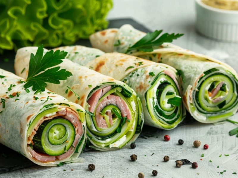 Zucchini-Wraps mit Schinken und Frischkäse.