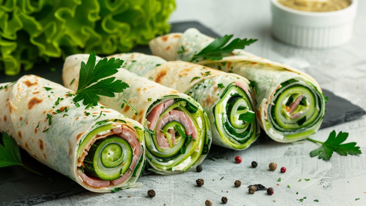 Zucchini-Wraps mit Schinken und Frischkäse.