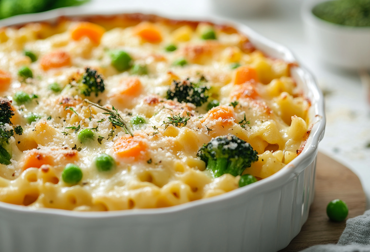 Alfredo-Nudelauflauf mit Brokkoli, Möhren und Erbsen in runder Auflaufform, Nahaufnahme.