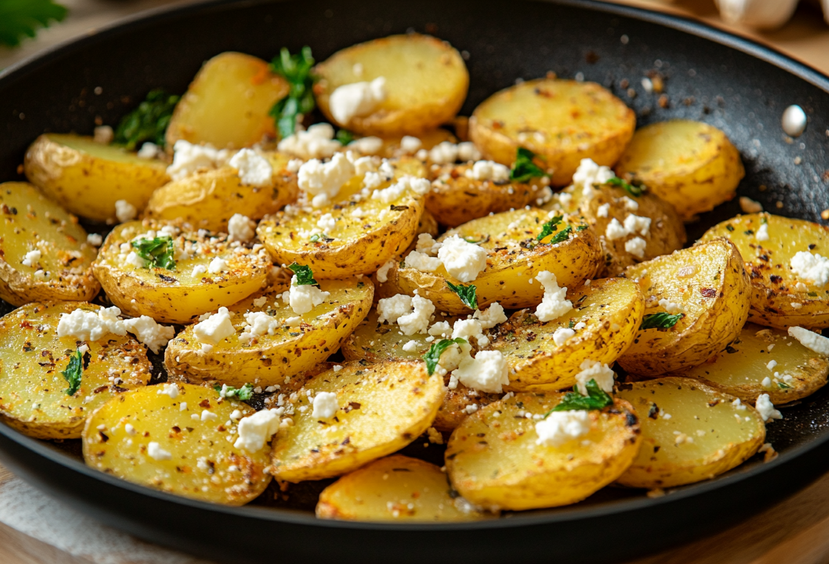 Eine Pfanne mit Bratkartoffeln mit Feta und Oregano, Nahaufnahme.