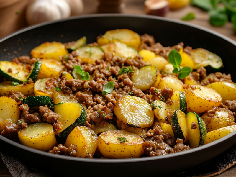 Eine Pfanne Bratkartoffeln mit Zucchini und Hackfleisch.