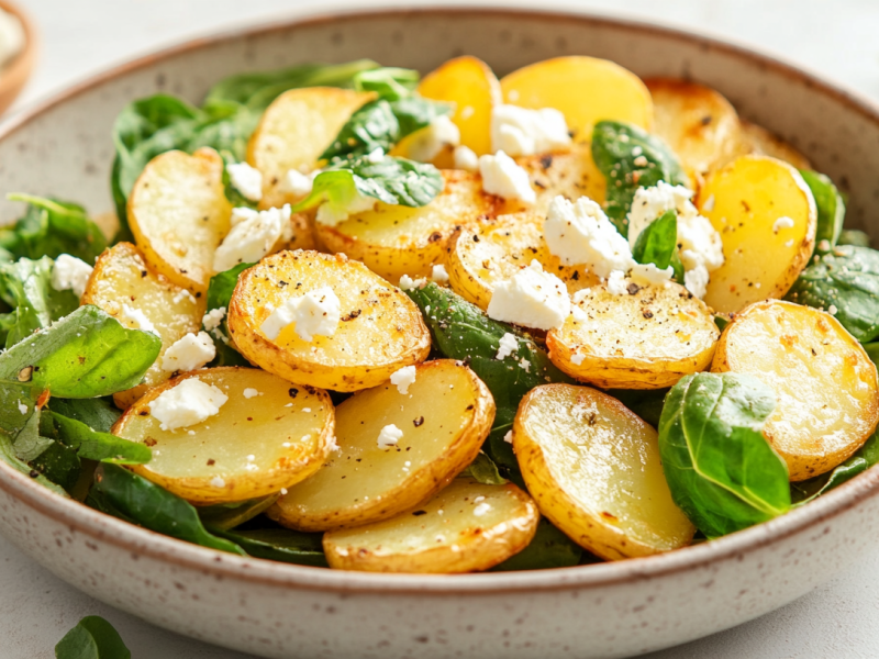 Bratkartoffelsalat mit Feta und Feldsalat in einer Schüssel.