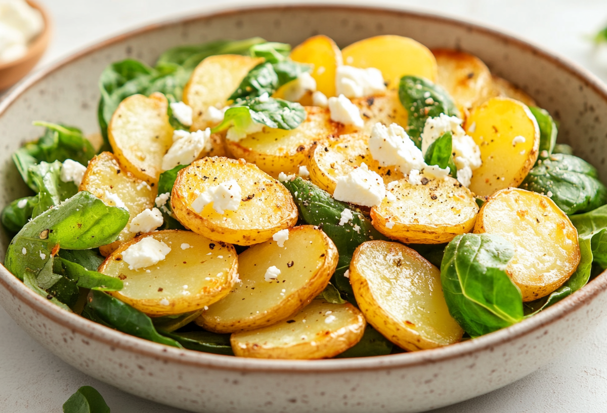 Bratkartoffelsalat mit Feta und Feldsalat in einer Schüssel.