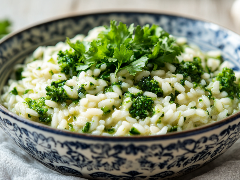 Eine Schale Brokkoli-Risotto mit Pesto und Feldsalat.