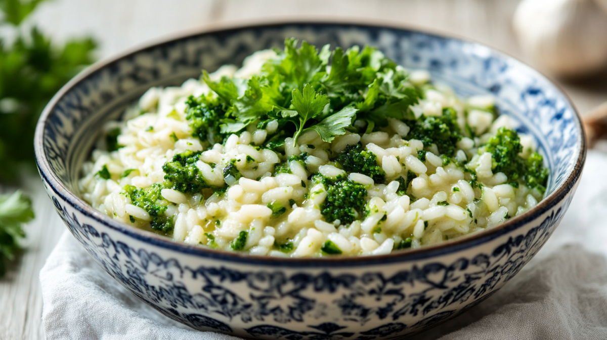 Eine Schale Brokkoli-Risotto mit Pesto und Feldsalat.