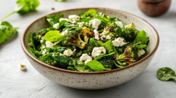 Brokkolisalat mit Feta und Pesto in einer hellen Schüssel.