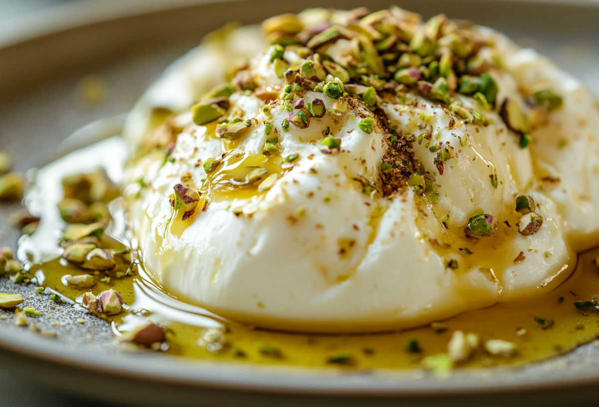 Ein Teller mit Burrata mit Honig und Pistazien. Nahaufnahme.