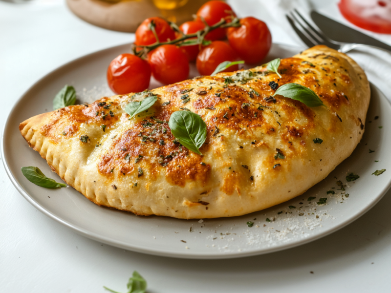 Calzone auf einem Teller, daneben liegen gebackene Krirschtomaten.