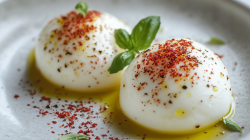 Caprese mit gefrorenen Tomaten: 2 Mozzarella-Kugeln auf einem Tellern, garniert mit Öl, Salz, Pfeffer und geriebenen, gefrorenen Tomaten.