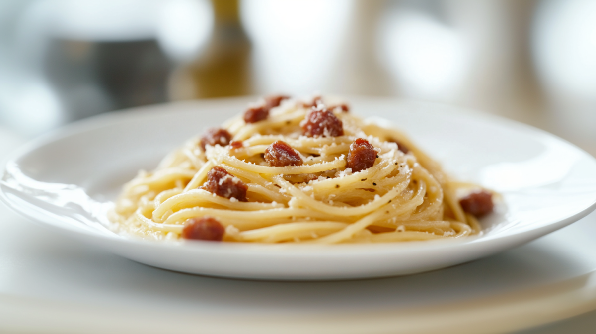 Chorizo Carbonara auf einem weißen Teller.