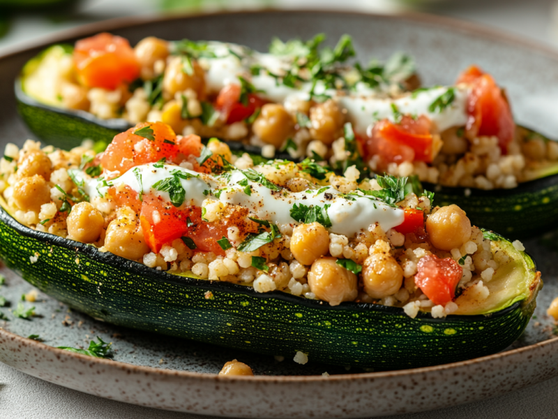 zwei halbe gefüllte Zucchini mit Couscous, Tomaten und Kichererbsen auf einem Teller, garniert mit Joghurt und gehackten Kräutern.