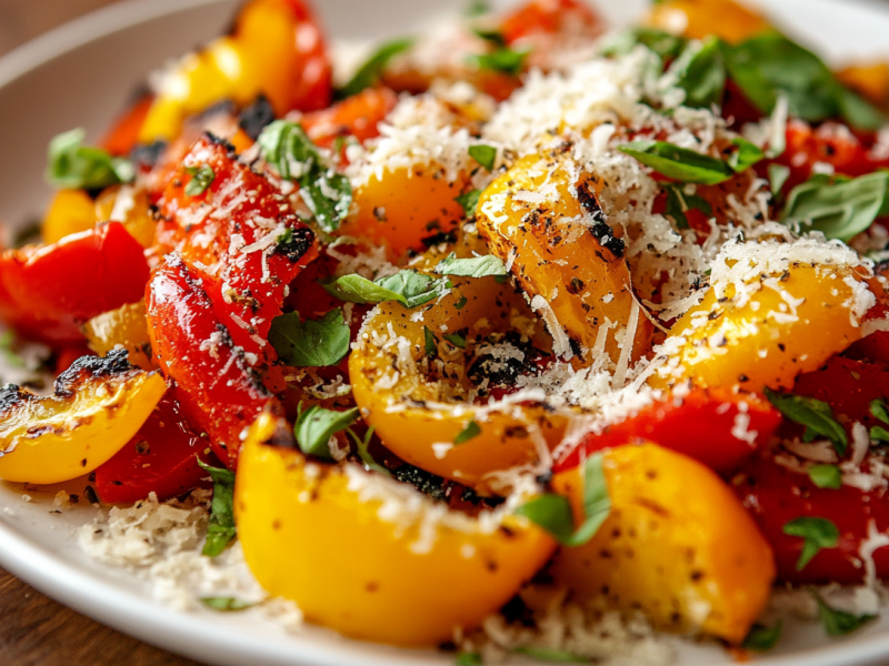 Gegrillter Paprikasalat mit Parmesan und Basilikum auf einem Teller, Nahaufnahme.