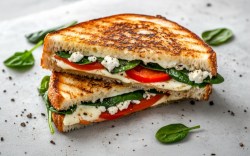 Zwei Grilled Cheese Sandwiches mit Feta und Spinat übereinander gestapelt.