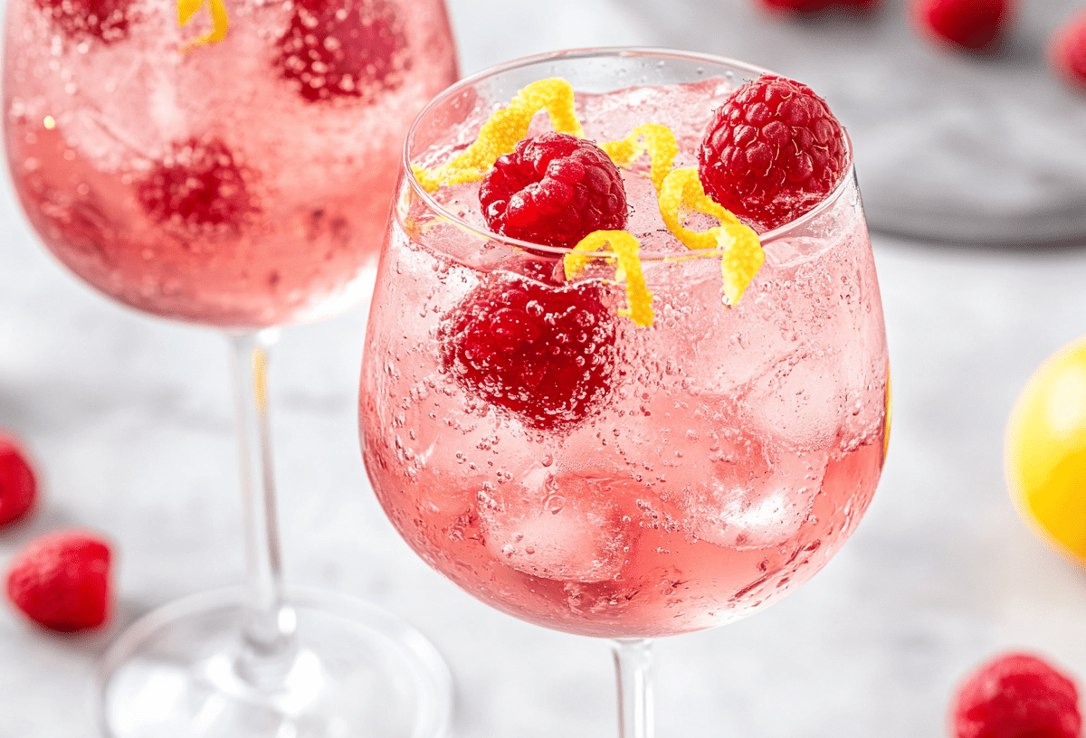 2 Gläser Himbeer-Rosé-Spritz mit Eiswürfeln, Himbeeren und Zitronenzesten, Nahaufnahme.