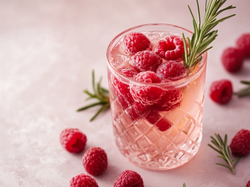 Ein Glas imbeer-Rosmarin-Limonade mit frischen Beeren und Rosmarinzweigen.