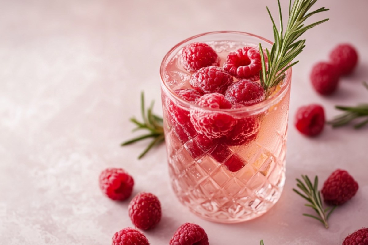 Ein Glas imbeer-Rosmarin-Limonade mit frischen Beeren und Rosmarinzweigen.