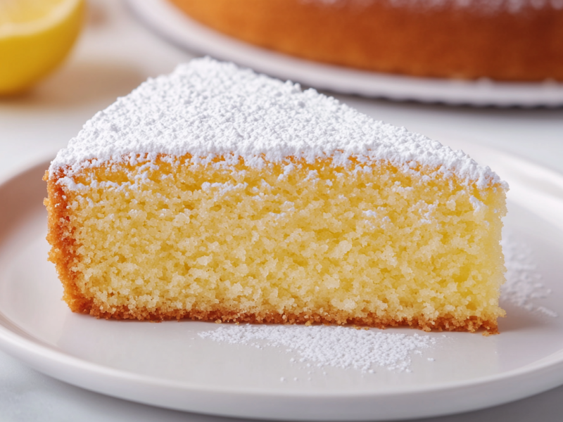 Ein Stück italienischer Ricotta-Zitronenkuchen mit Puderzucker auf einem Teller, dahinter unscharf eine halbe Zitrone und der Kuchen.