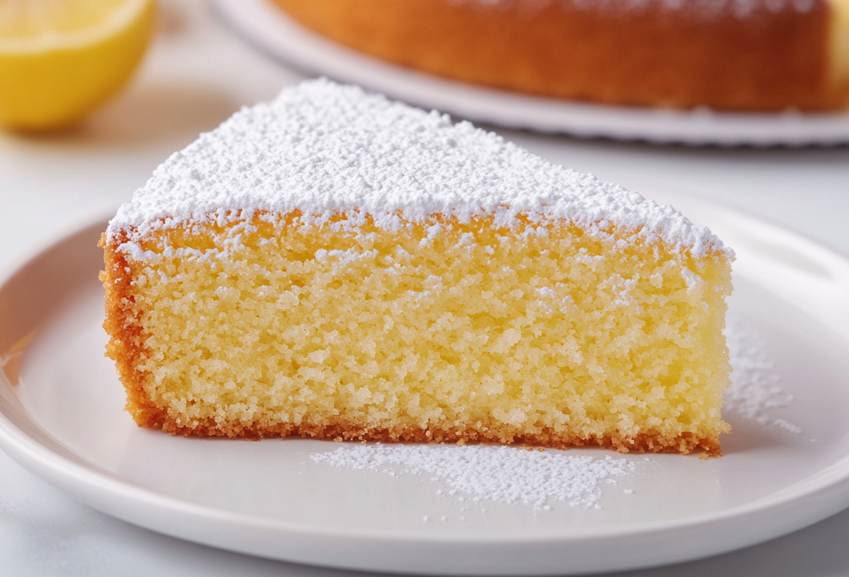 Ein Stück italienischer Ricotta-Zitronenkuchen mit Puderzucker auf einem Teller, dahinter unscharf eine halbe Zitrone und der Kuchen.