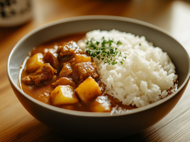 Japanisches Curry mit Reis in einer Schale.