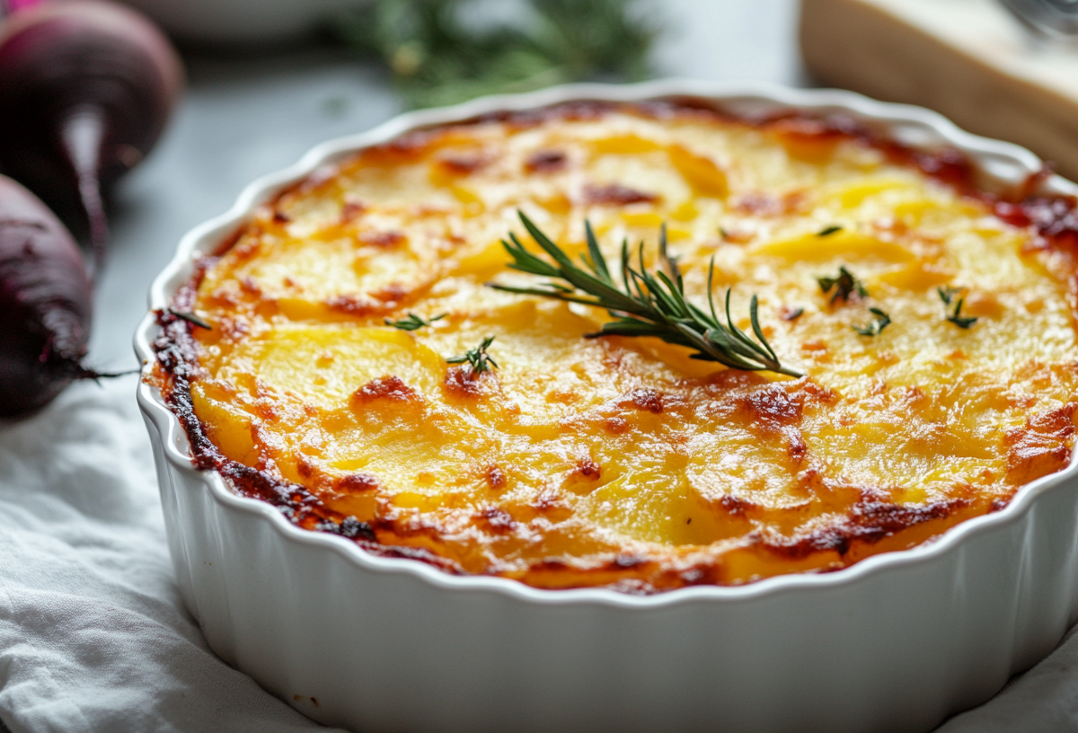 Auflaufform mit Kartoffelgratin mit Roter Bete