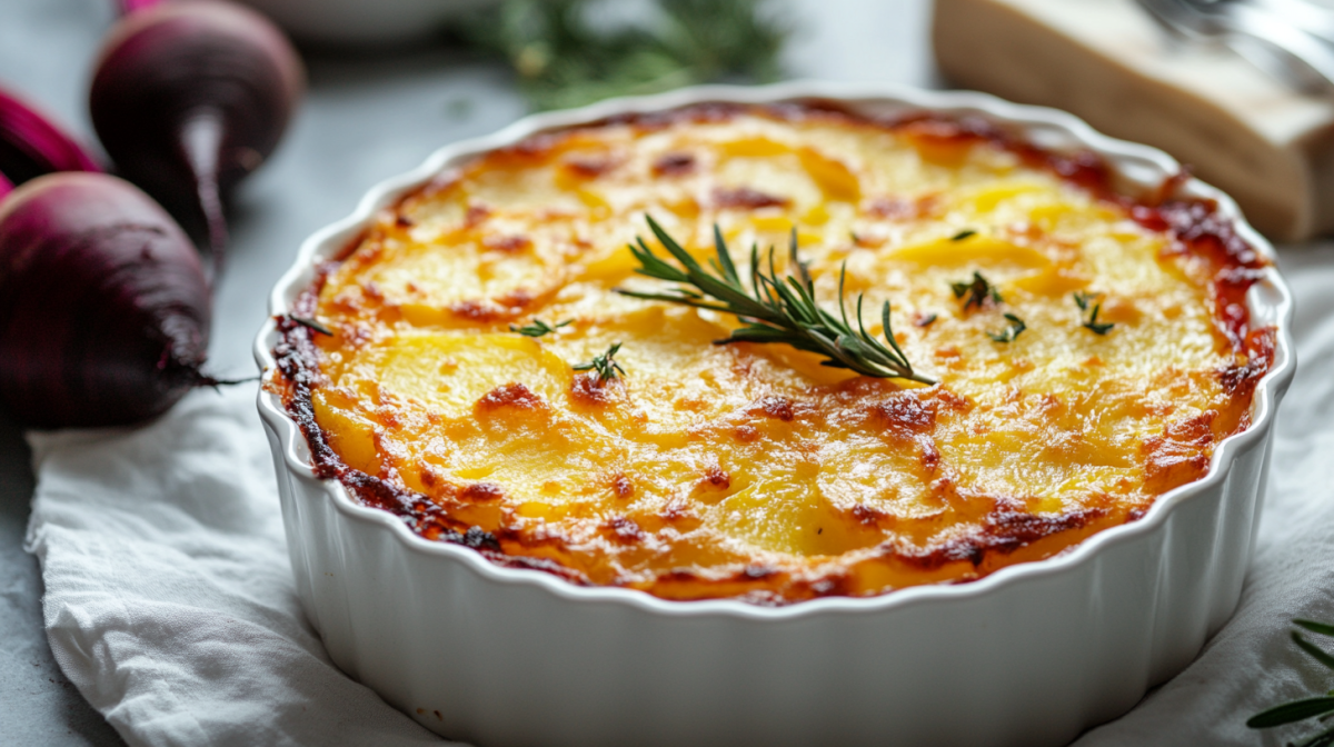 Auflaufform mit Kartoffelgratin mit Roter Bete