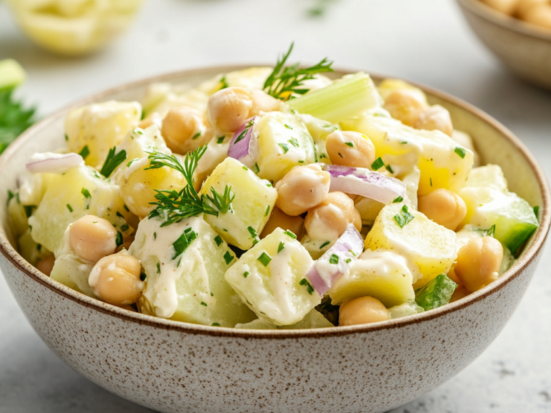 Eine Schale Kartoffelsalat mit Kichererbsen, roten Zwiebeln und Sellerie.