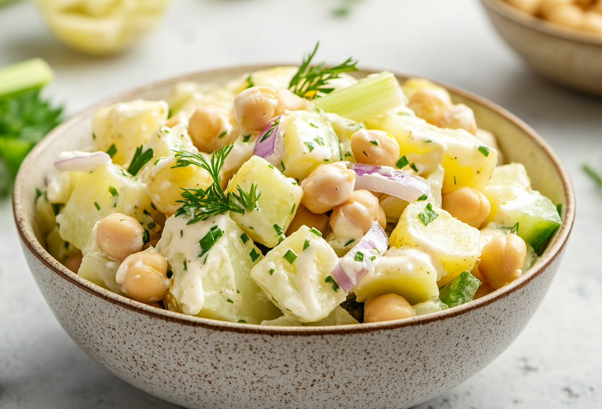 Eine Schale Kartoffelsalat mit Kichererbsen, roten Zwiebeln und Sellerie.