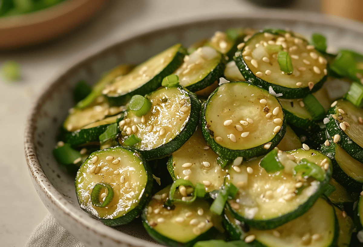 Koreanischer Zucchinisalat Hobak Bokkeum mit Sesam und Frühlingszwiebeln in einer Schüssel.