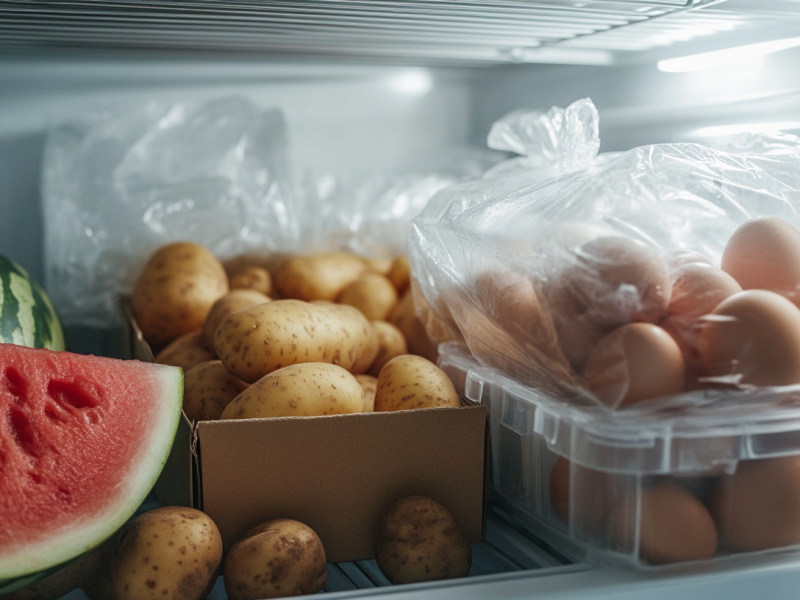 Lebensmittel nicht einfrieren: Ein Gefrierfach, in dem Kartoffeln, Eier und Wassermelone liegen.