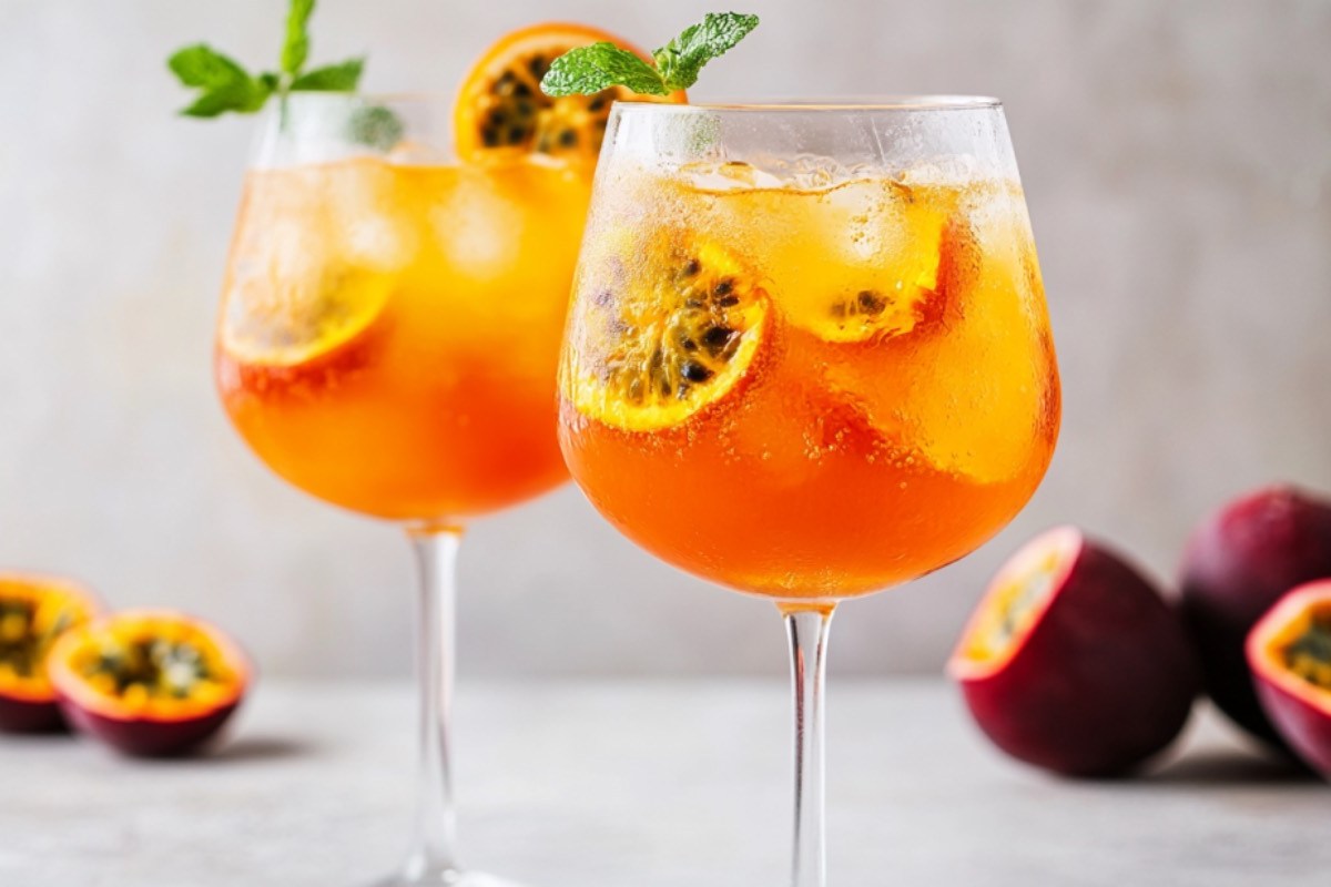 Zwei Gläser Maracuja Spritz mit Orangen- und Maracujascheiben.