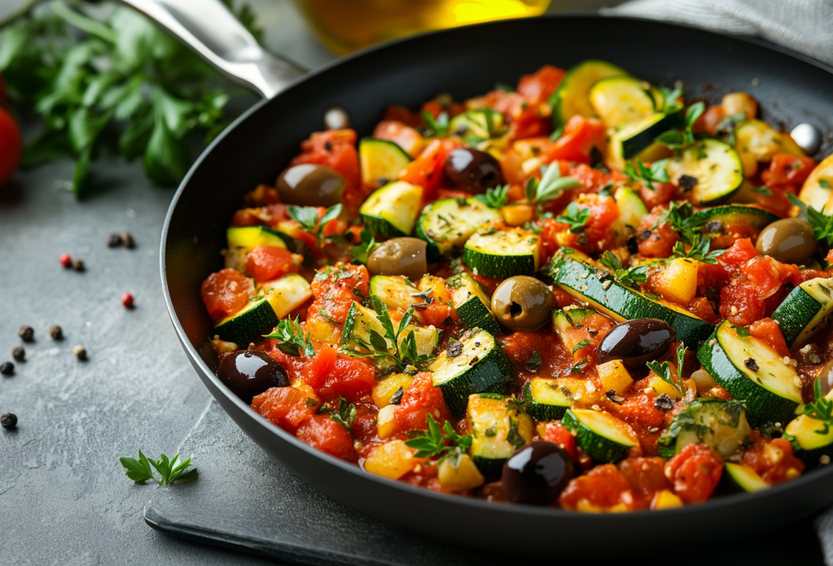 Eine mediterrane Zucchinipfanne mit Oliven auf einem Schiefer-Untergrund.