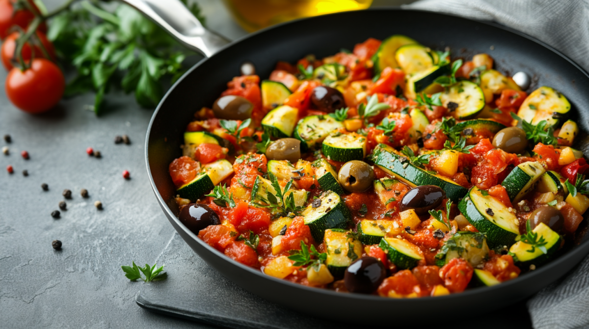 Eine mediterrane Zucchinipfanne mit Oliven auf einem Schiefer-Untergrund.