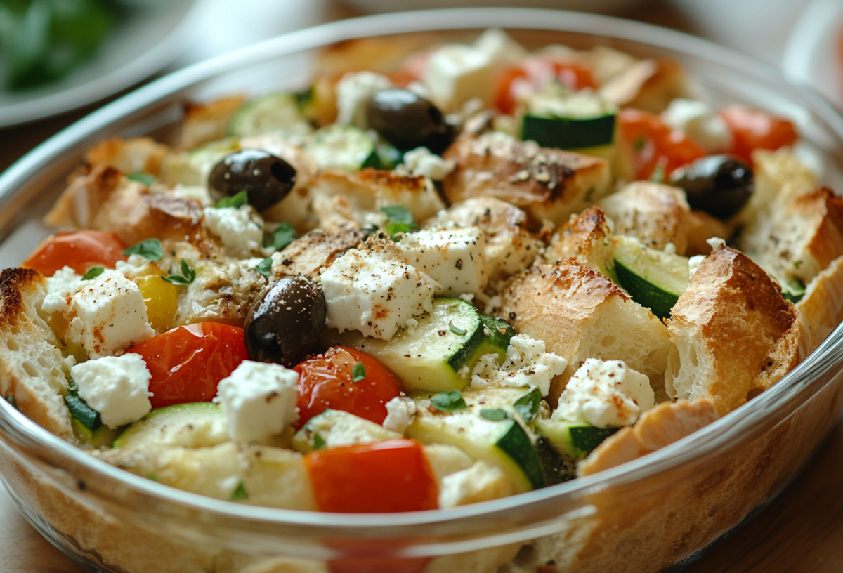 Mediterraner Brotauflauf mit Paprika, Oliven, Zucchini, Tomaten und Feta in einer Auflaufform auf Glas.