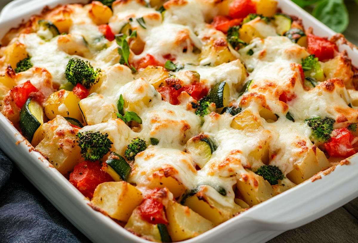 Mediterraner Gemüseauflauf mit Kartoffeln, Zucchini, Brokkoli und Paprika in weißer Auflaufform, Nahaufnahme.