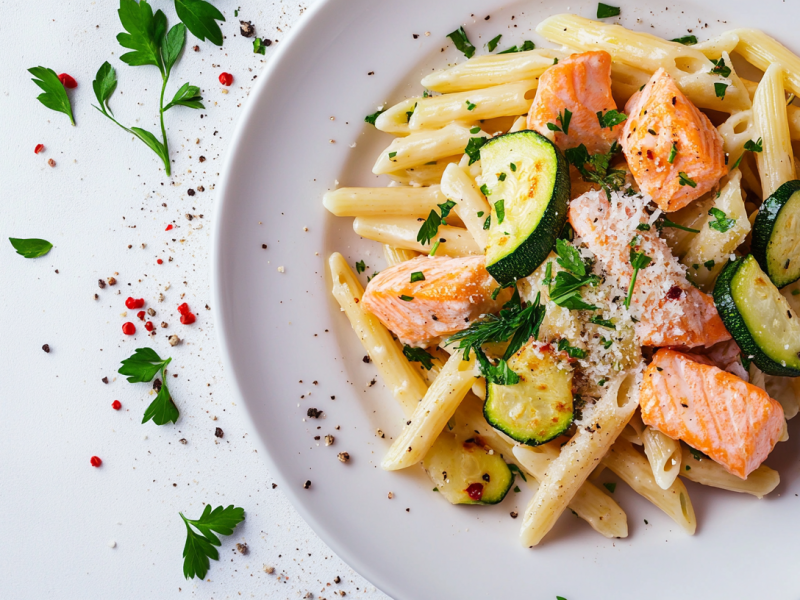 Ein Teller Nudeln mit Zucchini und Lachs, garniert mit Parmesan und Petersilie. Draufsicht.